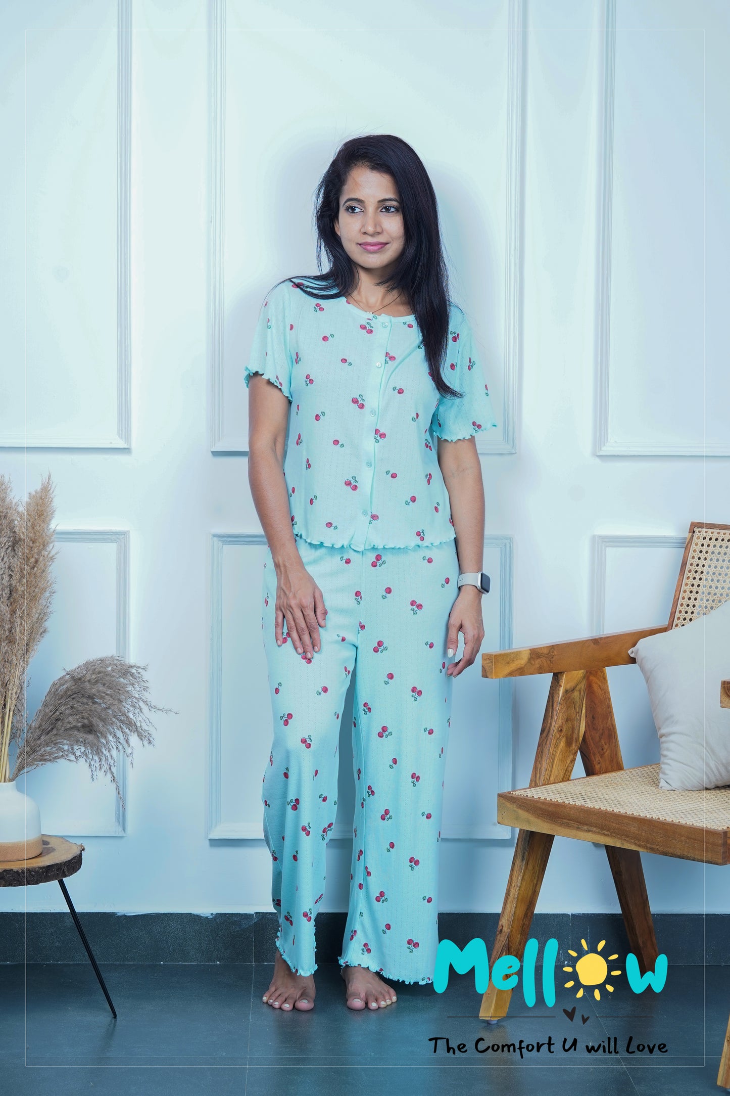 Blue Cherry Printed Lounge wear Co-Ords