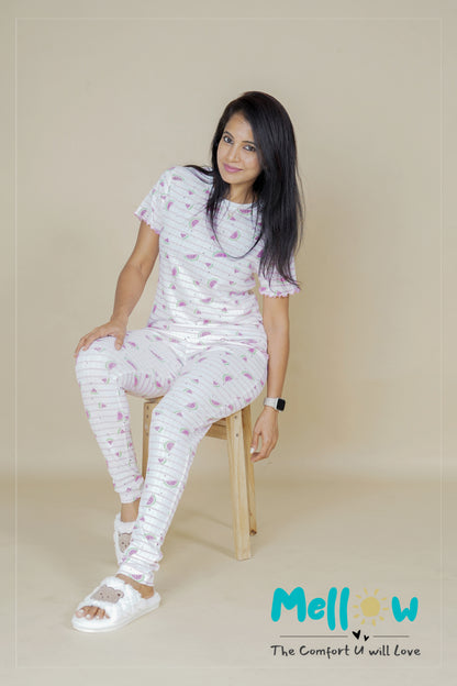 Water Melon Printed White Co-Ord Lounge Wear