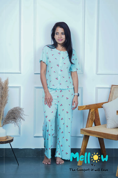 Blue Cherry Printed Lounge wear Co-Ords