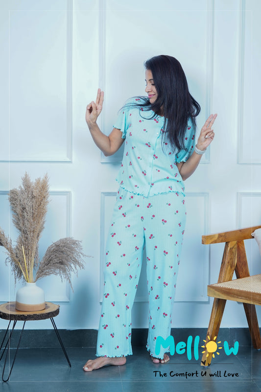 Blue Cherry Printed Lounge wear Co-Ords