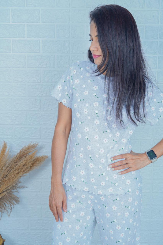 Grey & Pink Flower Co-Ord Lounge Wear