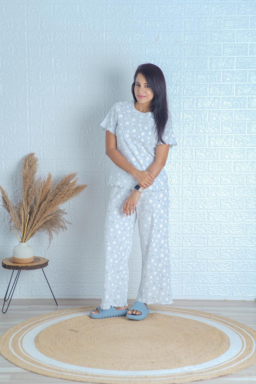 Grey & Pink Flower Co-Ord Lounge Wear